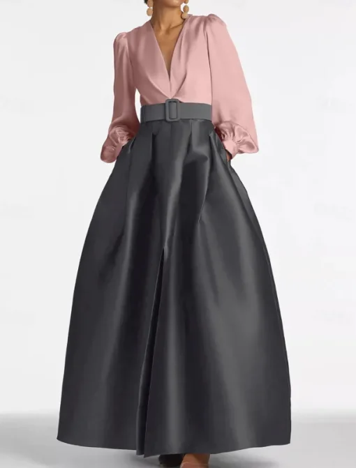 A-Line Evening Gown High Split Dress Formal Wedding Guest Floor Length Long Sleeve V Neck Belt / Sash Satin with Pleats Slit
