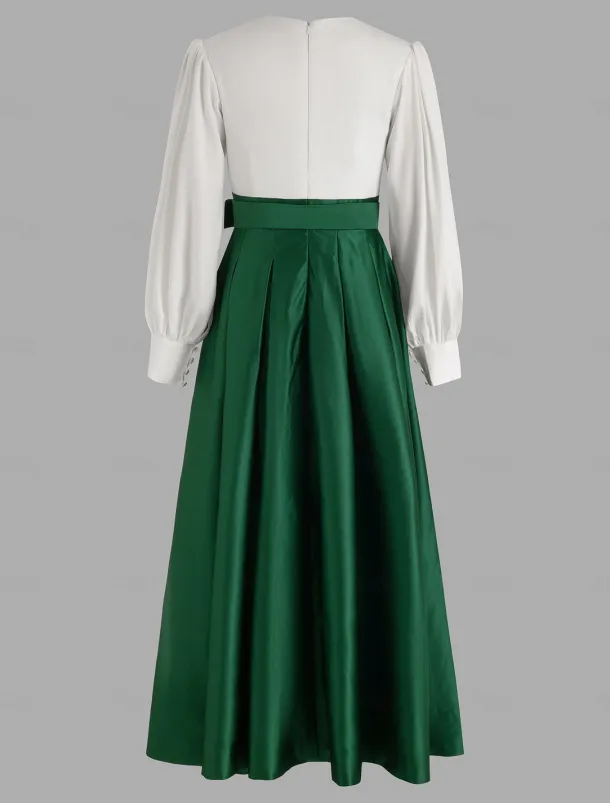 A-Line Evening Gown High Split Dress Formal Wedding Guest Floor Length Long Sleeve V Neck Belt / Sash Satin with Pleats Slit