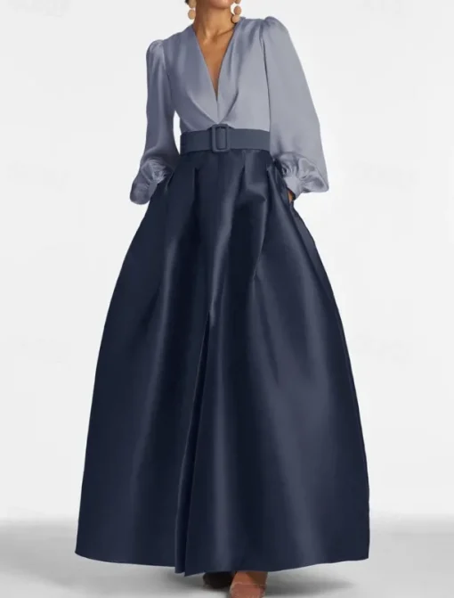 A-Line Evening Gown High Split Dress Formal Wedding Guest Floor Length Long Sleeve V Neck Belt / Sash Satin with Pleats Slit