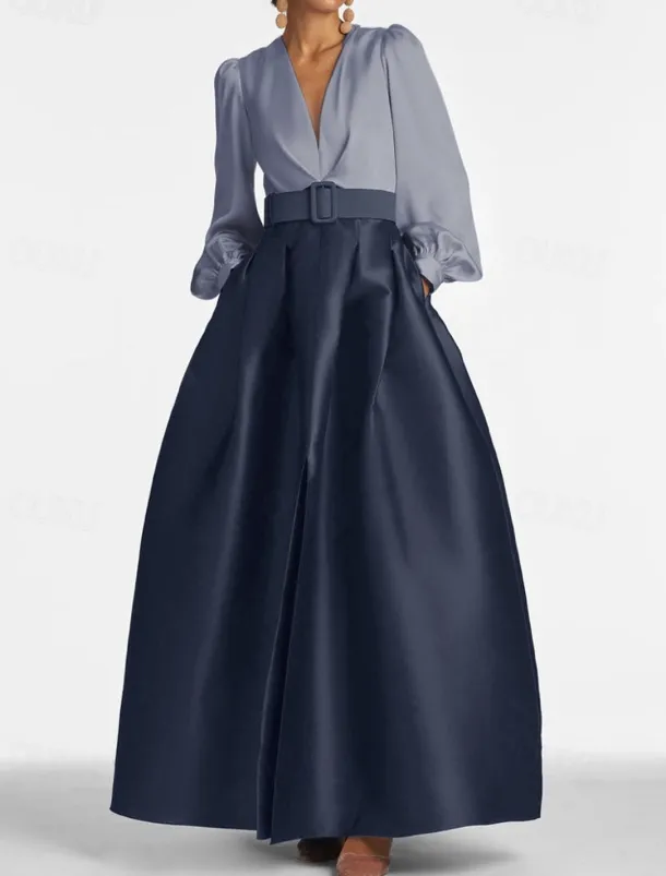 A-Line Evening Gown High Split Dress Formal Wedding Guest Floor Length Long Sleeve V Neck Belt / Sash Satin with Pleats Slit