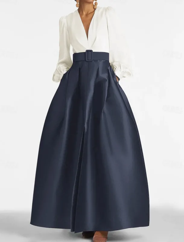 A-Line Evening Gown High Split Dress Formal Wedding Guest Floor Length Long Sleeve V Neck Belt / Sash Satin with Pleats Slit
