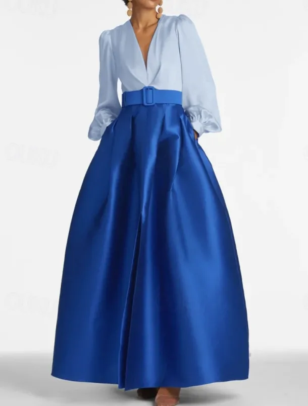 A-Line Evening Gown High Split Dress Formal Wedding Guest Floor Length Long Sleeve V Neck Belt / Sash Satin with Pleats Slit