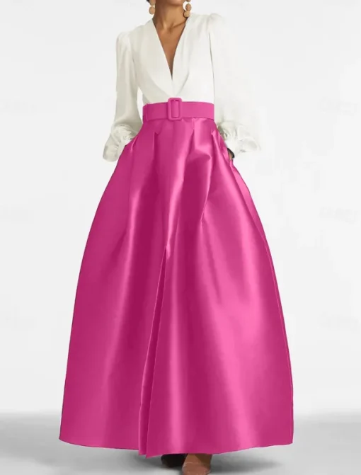 A-Line Evening Gown High Split Dress Formal Wedding Guest Floor Length Long Sleeve V Neck Belt / Sash Satin with Pleats Slit