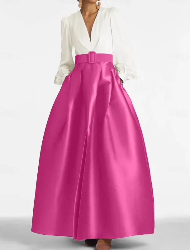 A-Line Evening Gown High Split Dress Formal Wedding Guest Floor Length Long Sleeve V Neck Belt / Sash Satin with Pleats Slit