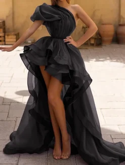 A-Line Evening Gown Sexy Dress Prom Wedding Party Asymmetrical Sleeveless One Shoulder Organza with Ruffles Pure Color Masquerade Dress