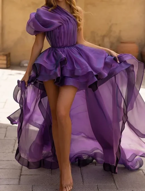 A-Line Evening Gown Sexy Dress Prom Wedding Party Asymmetrical Sleeveless One Shoulder Organza with Ruffles Pure Color Masquerade Dress
