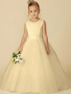 A-Line Floor Length Flower Girl Dress First Communion Girls Cute Prom Dress Satin with Sash / Ribbon Elegant Fit 3-16 Years dress to impress