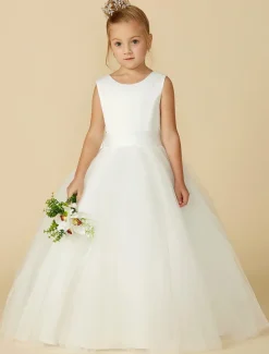 A-Line Floor Length Flower Girl Dress First Communion Girls Cute Prom Dress Satin with Sash / Ribbon Elegant Fit 3-16 Years dress to impress
