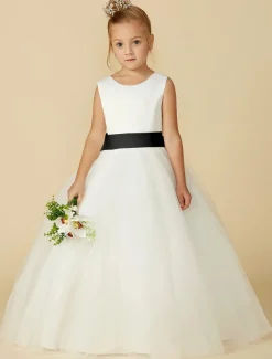 A-Line Floor Length Flower Girl Dress First Communion Girls Cute Prom Dress Satin with Sash / Ribbon Elegant Fit 3-16 Years dress to impress