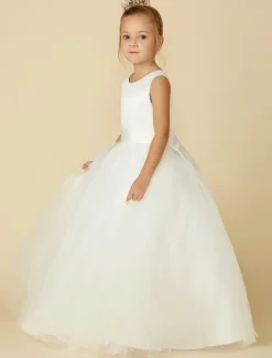 A-Line Floor Length Flower Girl Dress First Communion Girls Cute Prom Dress Satin with Sash / Ribbon Elegant Fit 3-16 Years dress to impress