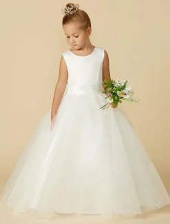 A-Line Floor Length Flower Girl Dress First Communion Girls Cute Prom Dress Satin with Sash / Ribbon Elegant Fit 3-16 Years dress to impress