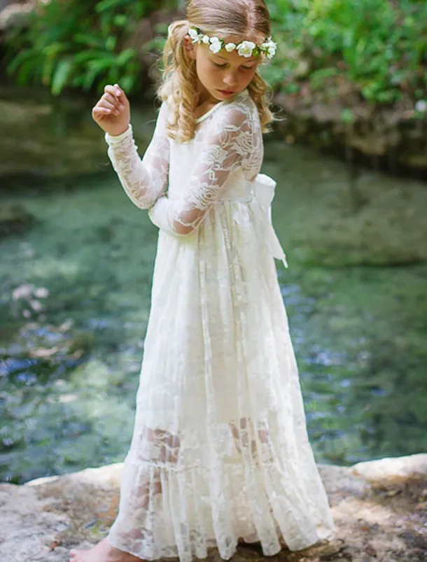 A-Line Floor Length Flower Girl Dress First Communion Girls Cute Prom Dress Lace with Lace Boho Lace Back Fit 3-16 Years dress to impress
