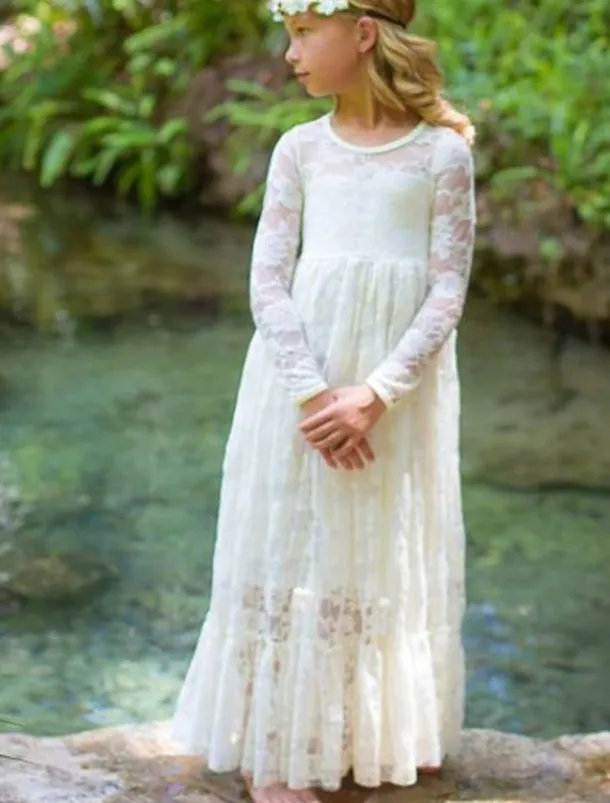 A-Line Floor Length Flower Girl Dress First Communion Girls Cute Prom Dress Lace with Lace Boho Lace Back Fit 3-16 Years dress to impress