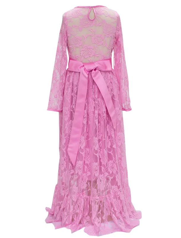 A-Line Floor Length Flower Girl Dress First Communion Girls Cute Prom Dress Lace with Lace Boho Lace Back Fit 3-16 Years dress to impress