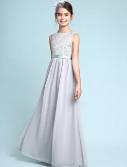 A-Line Floor Length Scoop Neck Chiffon Junior Bridesmaid Dresses&Gowns With Lace Kids Wedding Guest Dress 4-16 Year