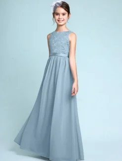 A-Line Floor Length Scoop Neck Chiffon Junior Bridesmaid Dresses&Gowns With Lace Kids Wedding Guest Dress 4-16 Year