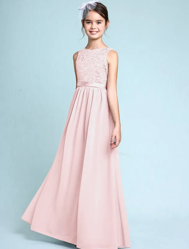 A-Line Floor Length Scoop Neck Chiffon Junior Bridesmaid Dresses&Gowns With Lace Kids Wedding Guest Dress 4-16 Year