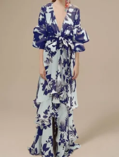 A-Line Floral Dress Beach Wedding Summer Maxi Dresses for Women Holiday Casual Dress Floor Length Long Sleeve V Neck with Print Strappy dress to impress Wedding Guest Dress