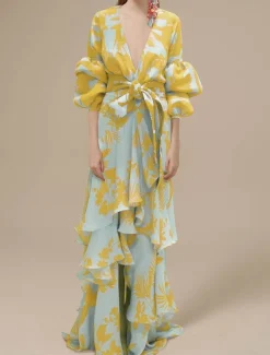 A-Line Floral Dress Beach Wedding Summer Maxi Dresses for Women Holiday Casual Dress Floor Length Long Sleeve V Neck with Print Strappy dress to impress Wedding Guest Dress