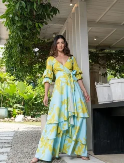 A-Line Floral Dress Beach Wedding Summer Maxi Dresses for Women Holiday Casual Dress Floor Length Long Sleeve V Neck with Print Strappy dress to impress Wedding Guest Dress