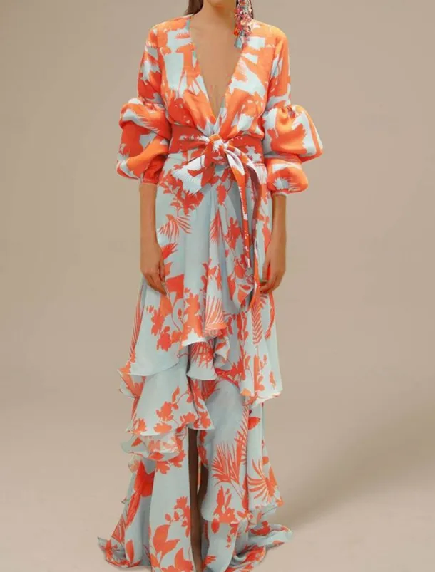 A-Line Floral Dress Beach Wedding Summer Maxi Dresses for Women Holiday Casual Dress Floor Length Long Sleeve V Neck with Print Strappy dress to impress Wedding Guest Dress