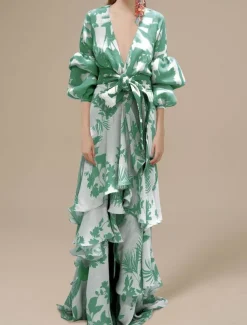 A-Line Floral Dress Beach Wedding Summer Maxi Dresses for Women Holiday Casual Dress Floor Length Long Sleeve V Neck with Print Strappy dress to impress Wedding Guest Dress