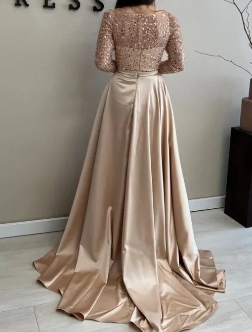 A-Line Gold Evening Gown Elegant Dress Wedding Black Tie Floor Length Long Sleeve Jewel Neck Satin with Sequin Masquerade Dress