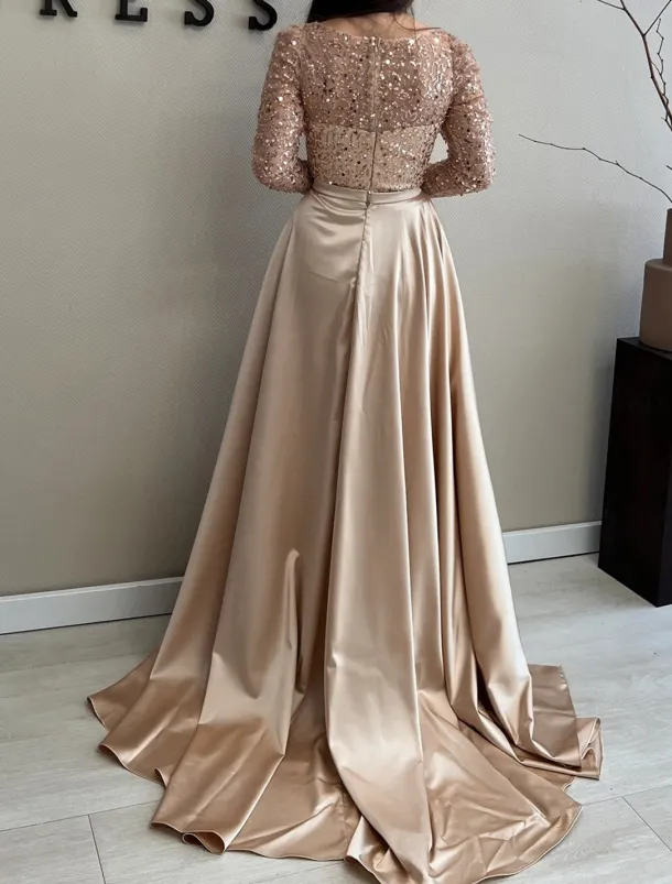 A-Line Gold Evening Gown Elegant Dress Wedding Black Tie Floor Length Long Sleeve Jewel Neck Satin with Sequin Masquerade Dress