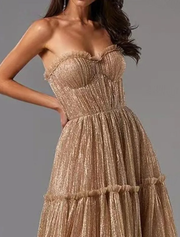 A-Line Gold Evening Gown Glittering Dress Formal Wedding Guest Floor Length Sleeveless Strapless Tulle with Pleats Masquerade Dress