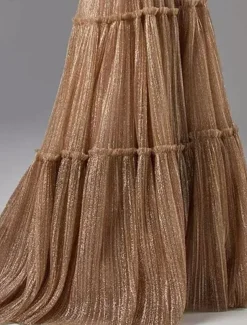 A-Line Gold Evening Gown Glittering Dress Formal Wedding Guest Floor Length Sleeveless Strapless Tulle with Pleats Masquerade Dress