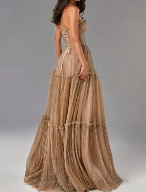 A-Line Gold Evening Gown Glittering Dress Formal Wedding Guest Floor Length Sleeveless Strapless Tulle with Pleats Masquerade Dress