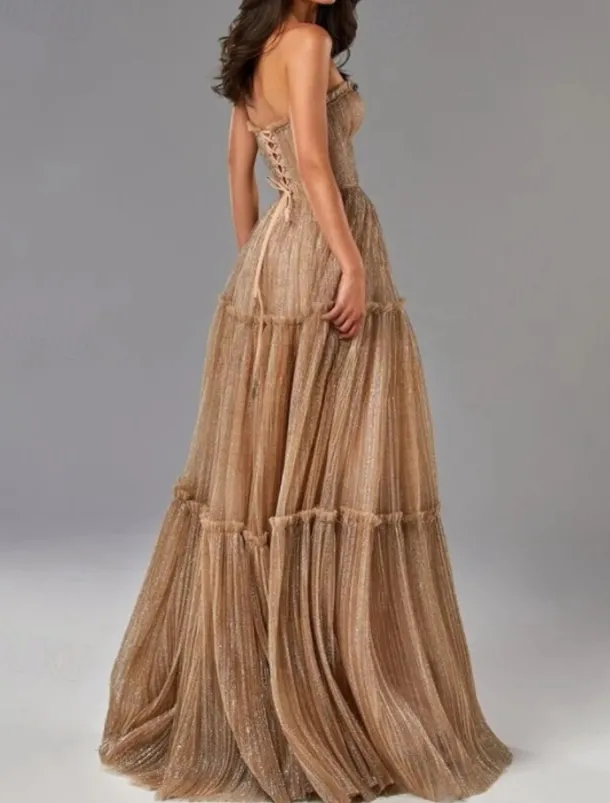 A-Line Gold Evening Gown Glittering Dress Formal Wedding Guest Floor Length Sleeveless Strapless Tulle with Pleats Masquerade Dress