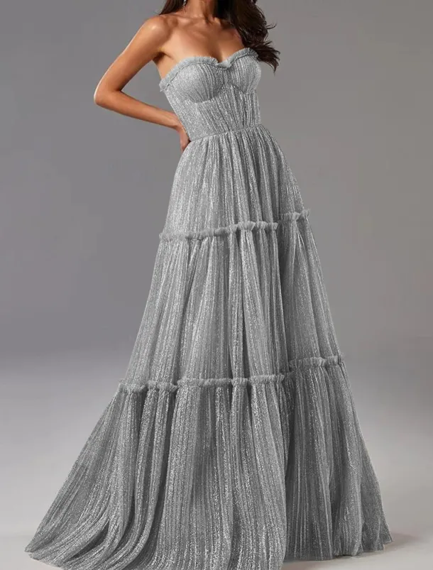 A-Line Gold Evening Gown Glittering Dress Formal Wedding Guest Floor Length Sleeveless Strapless Tulle with Pleats Masquerade Dress