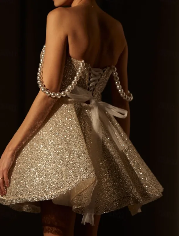 A-Line Gold Homecoming Dresses Sparkle & Shine Dress Cocktail Party Birthday Short / Mini Sleeveless Spaghetti StrapDress Tulle with Glitter