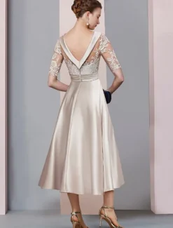 A-Line Gold Mother of the Bride Dress Wedding Guest Elegant Vintage Scoop Neck Tea Length Satin Lace Half Sleeve with Ruched Appliques free custom size