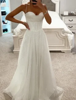A-Line Gold Prom Dresses Glittering Dress Formal Evening Party Sweep / Brush Train Sleeveless Cowl Neck Tulle with Glitter Slit
