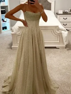 A-Line Gold Prom Dresses Glittering Dress Formal Evening Party Sweep / Brush Train Sleeveless Cowl Neck Tulle with Glitter Slit