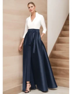 A-Line Jumpsuit / Pantsuit Mother of the Bride Black and White Elegant Simple Minimalist V Neck Floor Length Ankle Length Satin Sleeveless 3/4 Length Sleeve with Sash / Ribbon