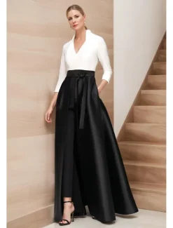 A-Line Jumpsuit / Pantsuit Mother of the Bride Black and White Elegant Simple Minimalist V Neck Floor Length Ankle Length Satin Sleeveless 3/4 Length Sleeve with Sash / Ribbon