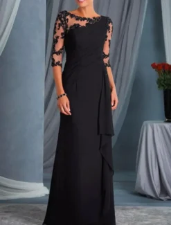 A-Line Mother of the Bride Dress Wedding Guest Plus Size Bateau Neck Floor Length Chiffon Lace Half Sleeve with Draping Appliques dress to impress free custom size
