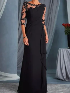 A-Line Mother of the Bride Dress Wedding Guest Plus Size Bateau Neck Floor Length Chiffon Lace Half Sleeve with Draping Appliques dress to impress free custom size