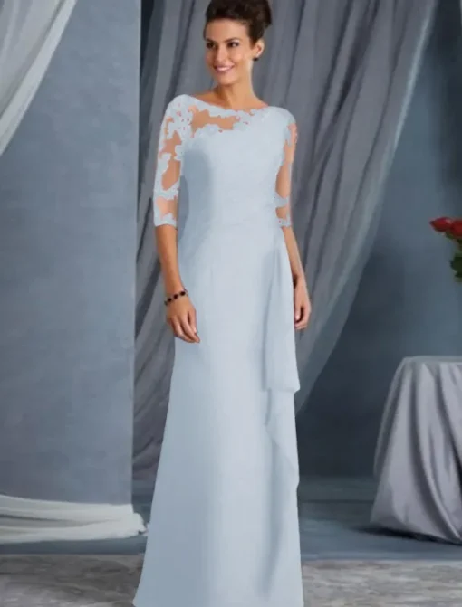 A-Line Mother of the Bride Dress Wedding Guest Plus Size Bateau Neck Floor Length Chiffon Lace Half Sleeve with Draping Appliques dress to impress free custom size
