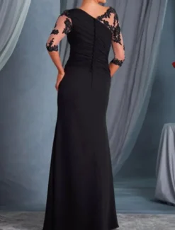 A-Line Mother of the Bride Dress Wedding Guest Plus Size Bateau Neck Floor Length Chiffon Lace Half Sleeve with Draping Appliques dress to impress free custom size