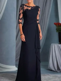A-Line Mother of the Bride Dress Wedding Guest Plus Size Bateau Neck Floor Length Chiffon Lace Half Sleeve with Draping Appliques dress to impress free custom size