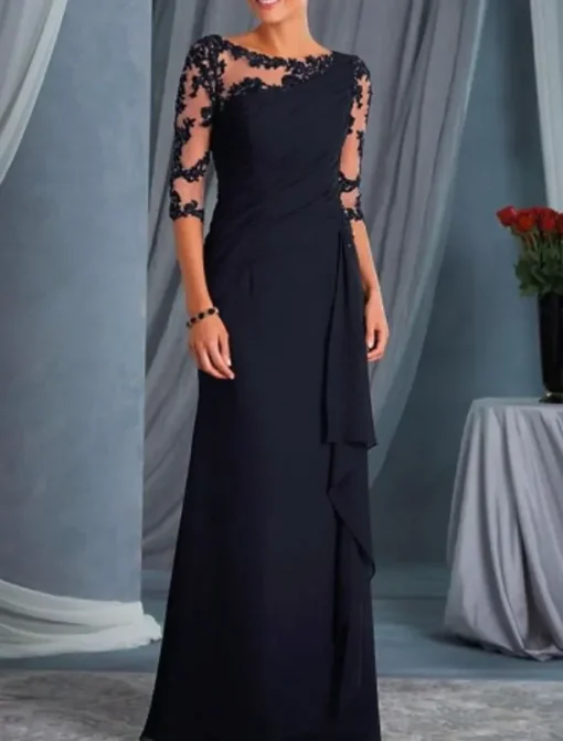 A-Line Mother of the Bride Dress Wedding Guest Plus Size Bateau Neck Floor Length Chiffon Lace Half Sleeve with Draping Appliques dress to impress free custom size