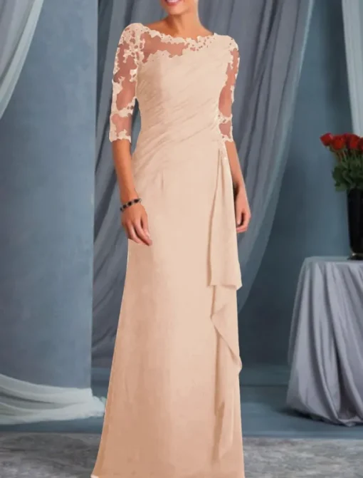A-Line Mother of the Bride Dress Wedding Guest Plus Size Bateau Neck Floor Length Chiffon Lace Half Sleeve with Draping Appliques dress to impress free custom size