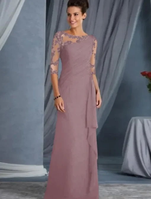 A-Line Mother of the Bride Dress Wedding Guest Plus Size Bateau Neck Floor Length Chiffon Lace Half Sleeve with Draping Appliques dress to impress free custom size