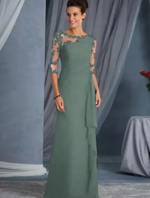 A-Line Mother of the Bride Dress Wedding Guest Plus Size Bateau Neck Floor Length Chiffon Lace Half Sleeve with Draping Appliques dress to impress free custom size