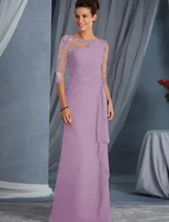 A-Line Mother of the Bride Dress Wedding Guest Plus Size Bateau Neck Floor Length Chiffon Lace Half Sleeve with Draping Appliques dress to impress free custom size
