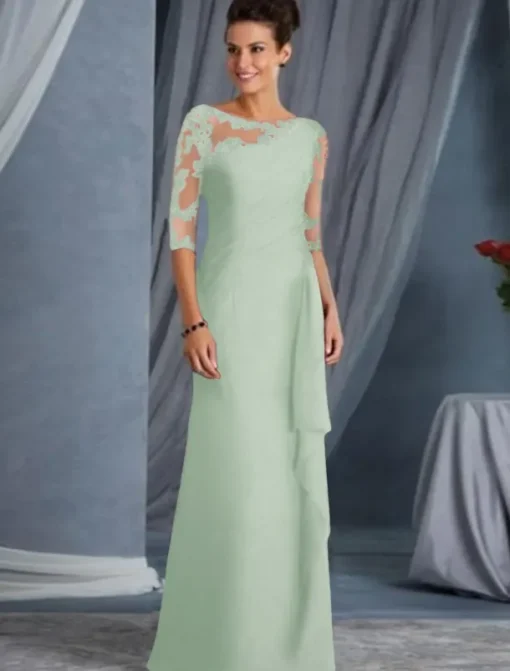 A-Line Mother of the Bride Dress Wedding Guest Plus Size Bateau Neck Floor Length Chiffon Lace Half Sleeve with Draping Appliques dress to impress free custom size